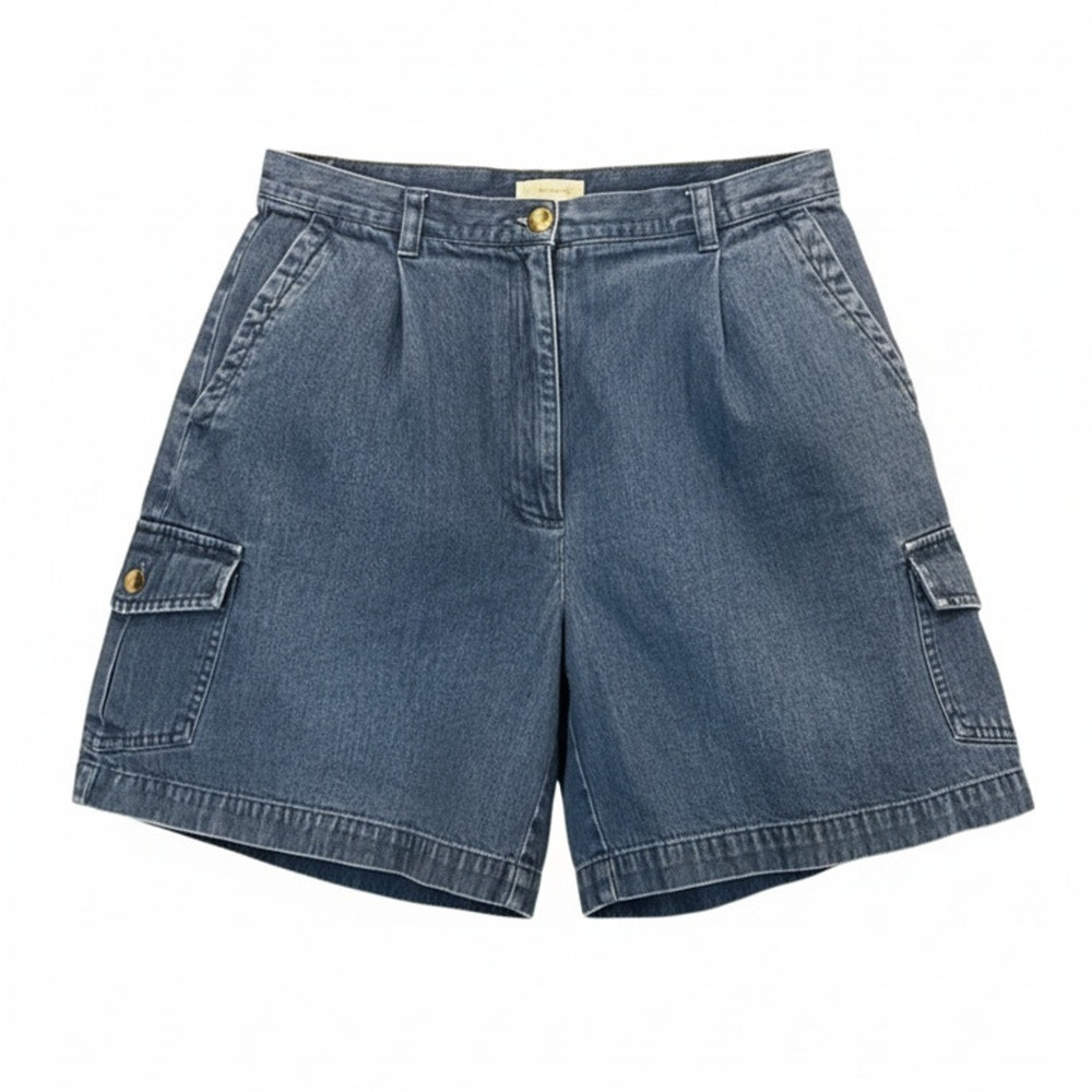 Talbots Petites Cargo Shorts‎ Womens 12P Blue Medium Wash High Rise Pleated